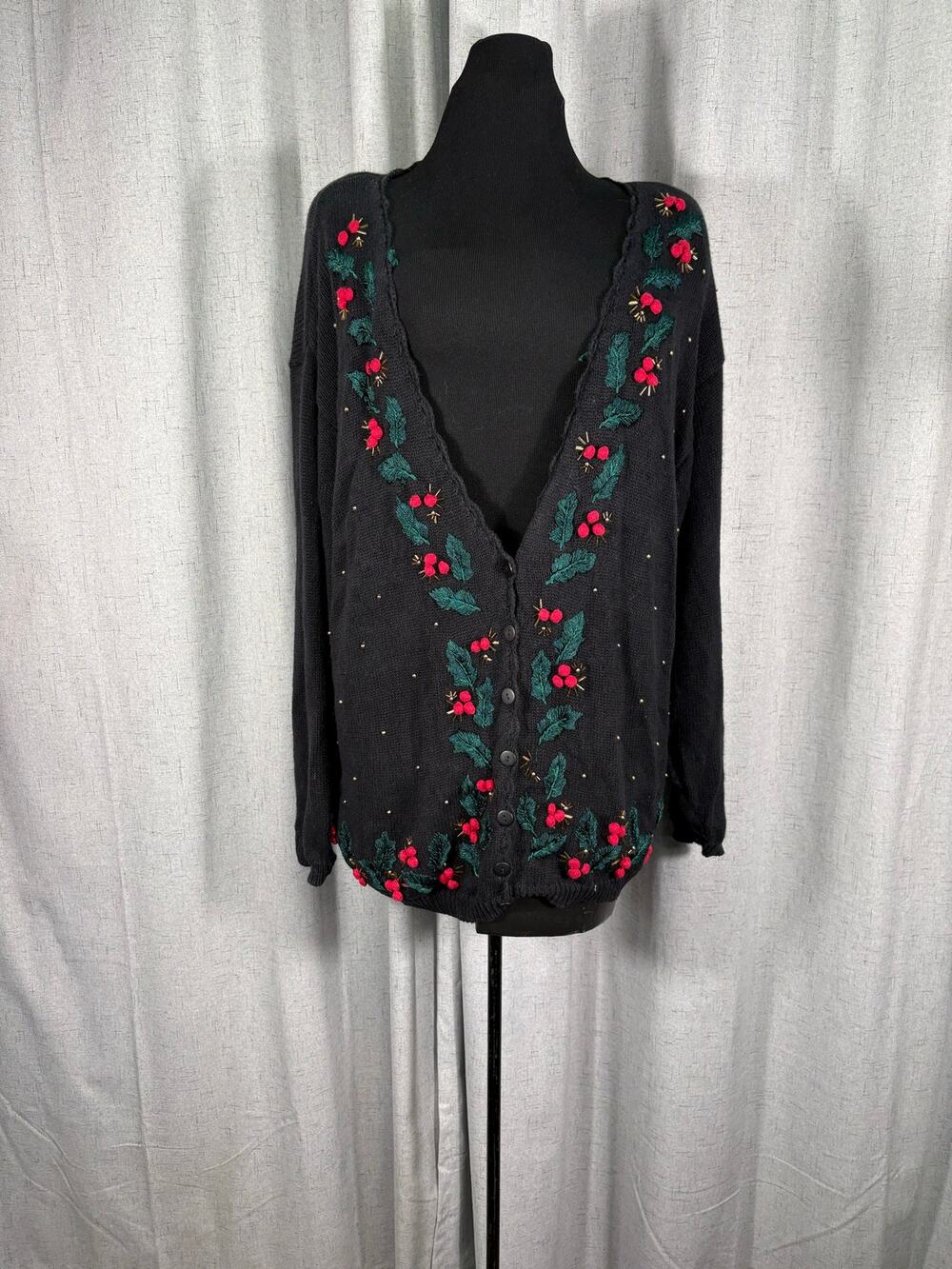 Plus Size Holiday Christmas Cardigan Black Sweater Embroidered Holley Leaves